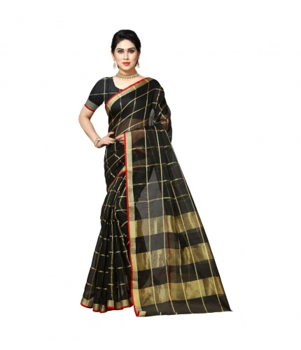 Women's Kota Doria Cotton Saree With Blouse (Black,6-3 Mtrs)