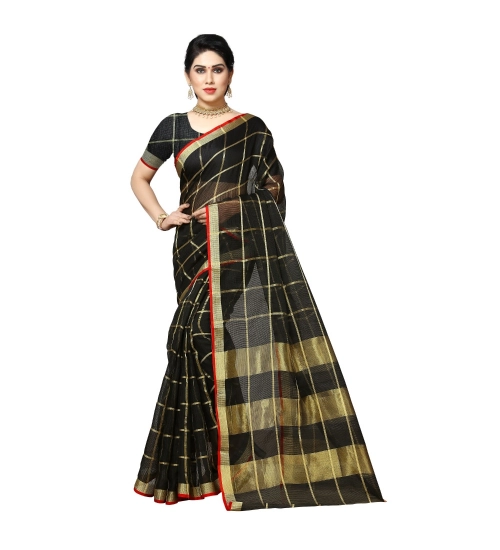 Women's Kota Doria Cotton Saree With Blouse (Black,6-3 Mtrs)