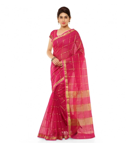 Women's Kota Doria Cotton Saree With Blouse (Rani,6-3 Mtrs)