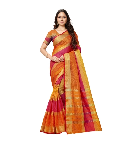 Women's Kota Doria Cotton Saree With Blouse (Orange,6-3 Mtrs)