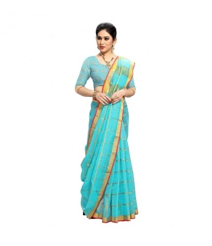 Women's Kota Doria Cotton Saree With Blouse (Sky Blue,6-3 Mtrs) Women's Kota Doria Cotton Saree With Blouse (Sky Blue,6-3 Mtrs)