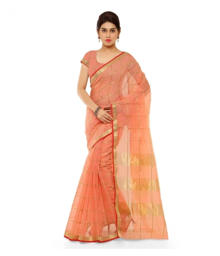 Women's Kota Doria Cotton Saree With Blouse (Peach,6-3 Mtrs)