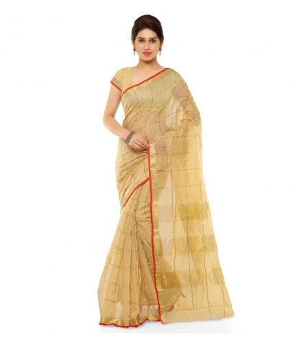 Women's Kota Doria Cotton Saree With Blouse (Chikoo,6-3 Mtrs)