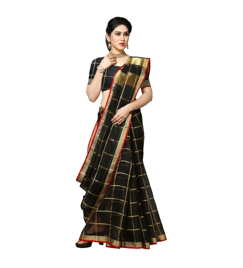 Women's Kota Doria Cotton Saree With Blouse (Black,6-3 Mtrs)