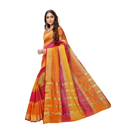 Women's Kota Doria Cotton Saree With Blouse (Orange,6-3 Mtrs)