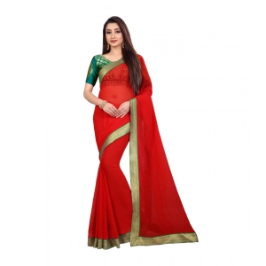 Generic Women's Chiifon, Jacquard Blouse Saree(Red,5-6 Mtrs)