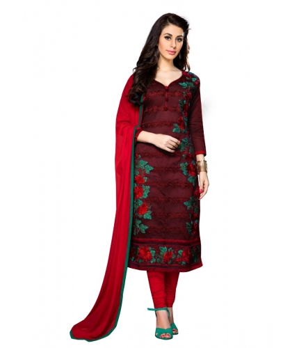Women's Cotton Unstitched Salwar Suit-Material With Dupatta (Dark Maroon,2.3 Mtrs)