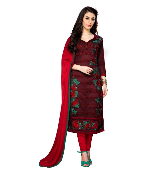 Women's Cotton Unstitched Salwar Suit-Material With Dupatta (Dark Maroon,2.3 Mtrs)