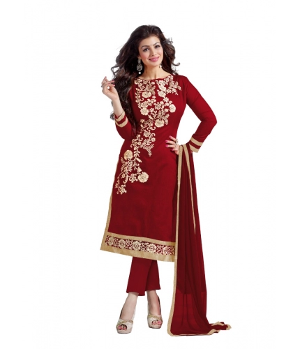 Women's Chanderi Unstitched Salwar Suit-Material With Dupatta (Maroon,2 Mtrs)