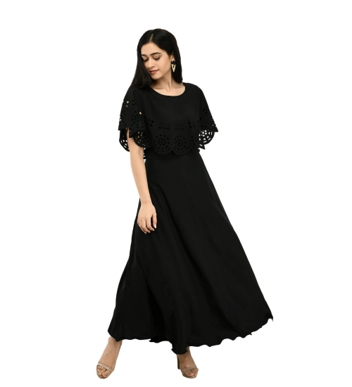 Women's Crepe Solid Sleeveless Full Length Gown(Black)