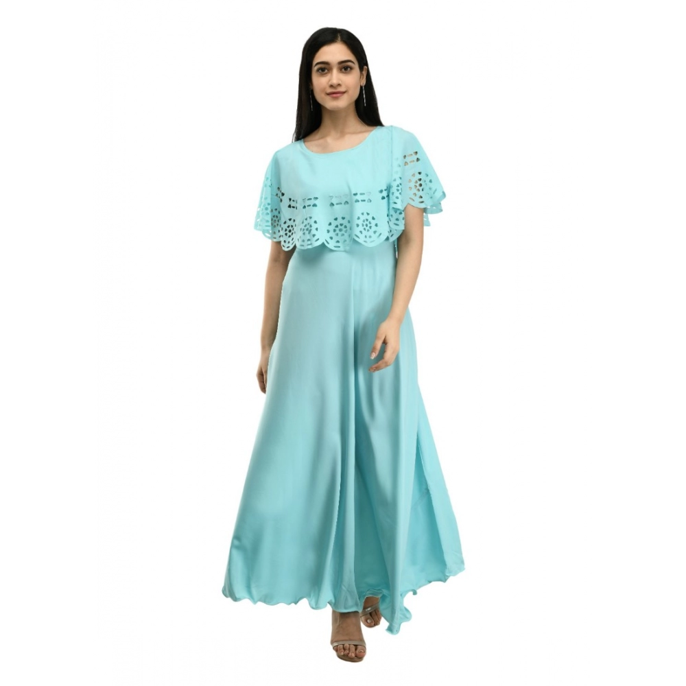 Generic Women's Crepe Solid Sleeveless Full Length Gown(Light Blue)