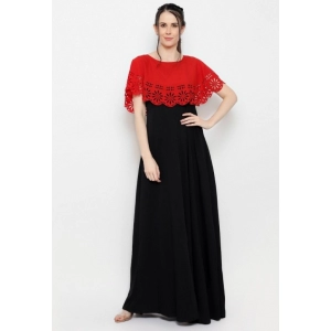 Generic Women's Crepe Solid Sleeveless Full Length Gown(Red Black)