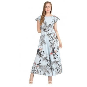 Generic Women's Crepe Floral Half Sleeves Full Length Gown(Blue)
