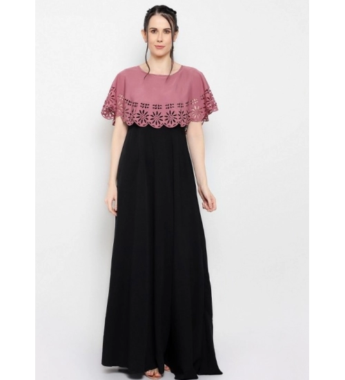 Women's Crepe Solid Sleeveless Full Length Gown(Peach Black)