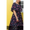 Dropship Women's Crepe Floral Half Sleeves Full Length Gown(Dark Blue)
