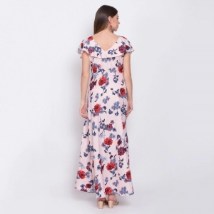 Generic Women's Crepe Floral Sleeveless Full Length Gown(Peach)