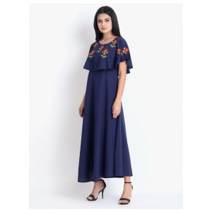 Generic Women's Crepe Embroidery Pattern Sleeveless Full Length Gown(Dark Blue)