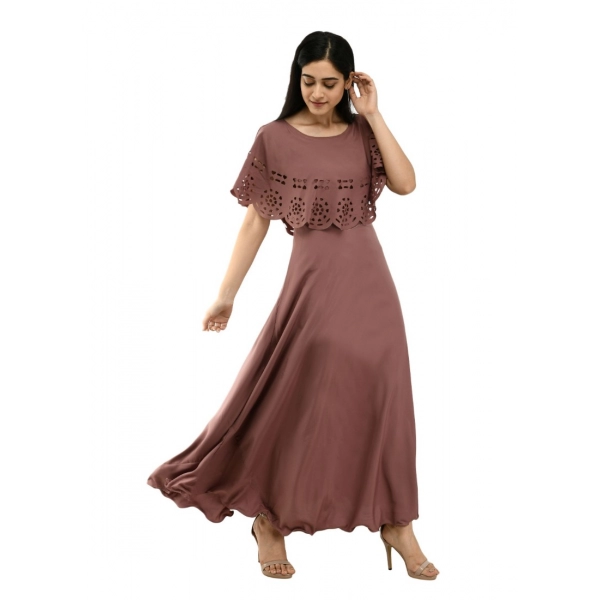 Dropship Women's Crepe Solid Sleeveless Full Length Gown(Brown)