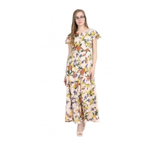 Generic Women's Crepe Floral Half Sleeves Full Length Gown(Beige)