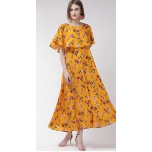Generic Women's Crepe Floral Half Sleeves Full Length Gown(Yellow)