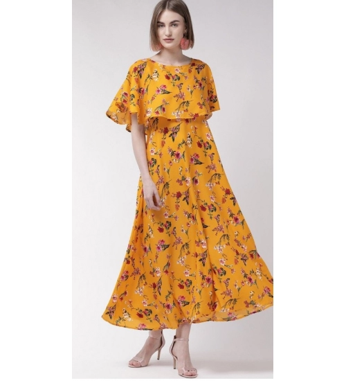 Women's Crepe Floral Half Sleeves Full Length Gown(Yellow)