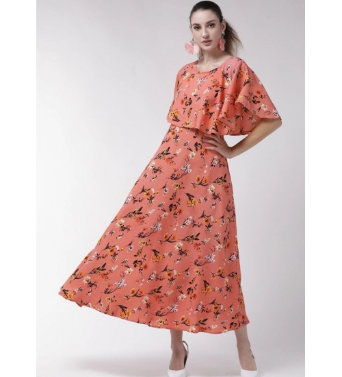 Women's Crepe Floral Half Sleeves Full Length Gown(Orange)