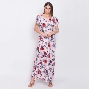 Generic Women's Crepe Floral Sleeveless Full Length Gown(Peach)