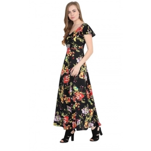 Generic Women's Crepe Floral Half Sleeves Full Length Gown(Black)