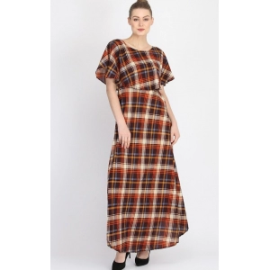 Generic Women's Crepe Checked Half Sleeves Full Length Gown(Multi)