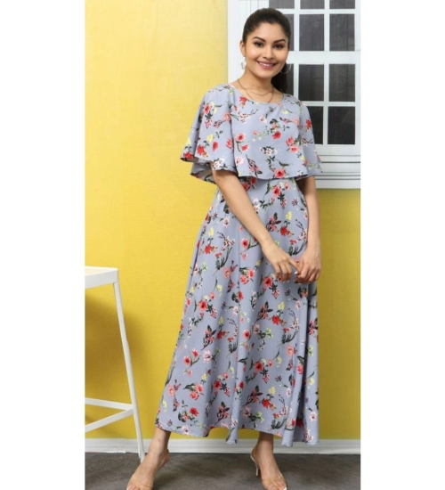 Women's Crepe Floral Half Sleeves Full Length Gown(Light Grey)