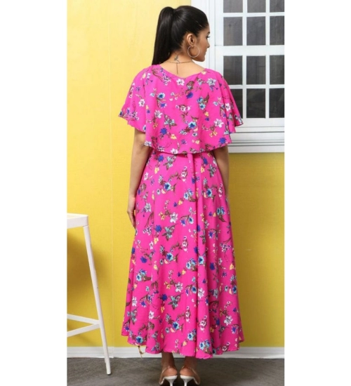 Women's Crepe Floral Half Sleeves Full Length Gown(Pink)