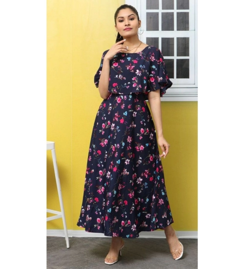 Women's Crepe Floral Half Sleeves Full Length Gown(Dark Blue)