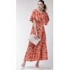 Dropship Women's Crepe Floral Half Sleeves Full Length Gown(Orange)