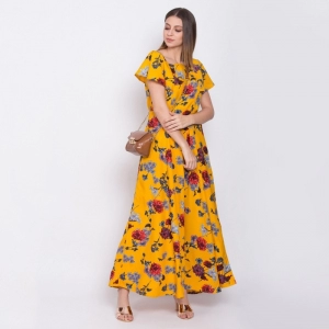 Generic Women's Crepe Floral Sleeveless Full Length Gown(Yellow)