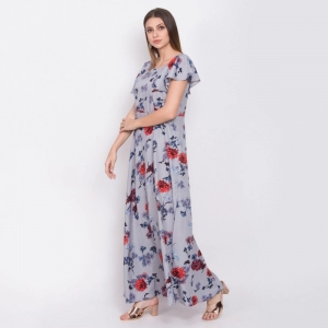 Generic Women's Crepe Floral Sleeveless Full Length Gown(Grey)