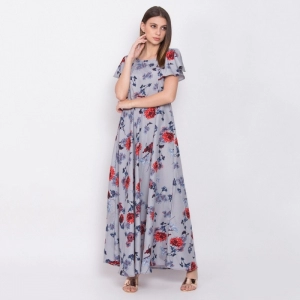 Generic Women's Crepe Floral Sleeveless Full Length Gown(Grey)