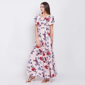 Generic Women's Crepe Floral Sleeveless Full Length Gown(Peach)