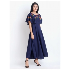 Generic Women's Crepe Embroidery Pattern Sleeveless Full Length Gown(Dark Blue)