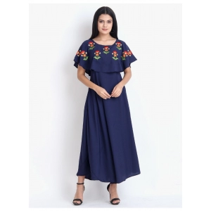 Generic Women's Crepe Embroidery Pattern Sleeveless Full Length Gown(Dark Blue)