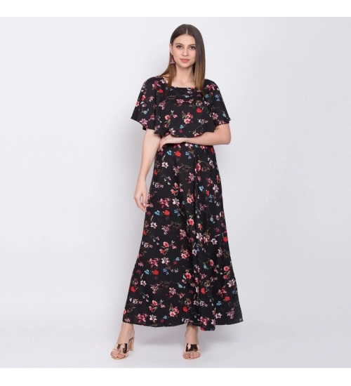 Women's Crepe Floral Half Sleeves Full Length Gown(Black)