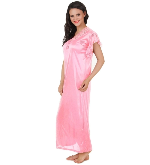 Women's Satin Long Nighty Frill Sleeve(Color: Baby Pink, Neck Type: V Neck)