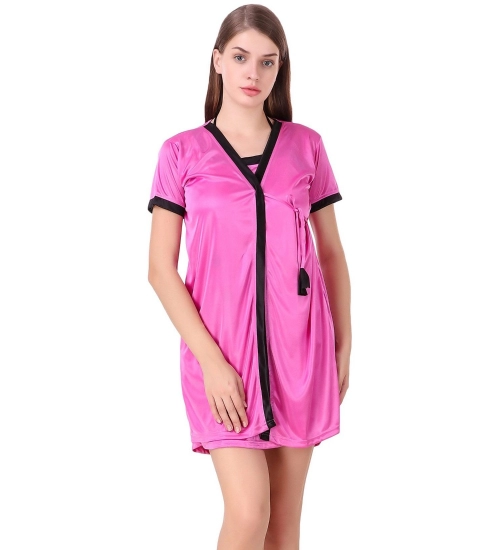 Women's Satin Short Wrap Gown with Half Sleeve(Color: Pink and Black, Neck Type: V Neck)