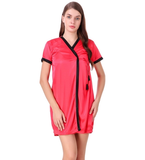 Women's Satin Short Wrap Gown with Half Sleeve(Color: Coral Red and Black, Neck Type: V Neck)