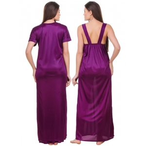 Women's Satin 2 PCs Set of Nighty And Wrap Gown with Half Sleeve(Color: Purple, Neck Type: Sweatheart Neck)