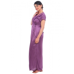 Women's Satin 2 PCs Set Of Nighty And Wrap Gown Mega Sleeve(Color: Purple, Neck Type: Square Neck)