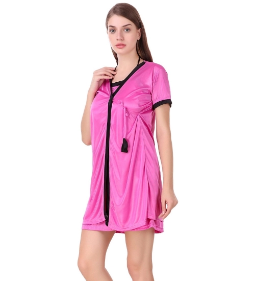 Women's Satin Short Wrap Gown with Half Sleeve(Color: Pink and Black, Neck Type: V Neck)