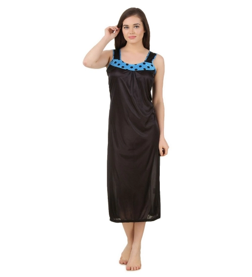 Women's Satin Long Nighty with Sleeve Less(Color: Turquoise and Black, Neck Type: U Neck)