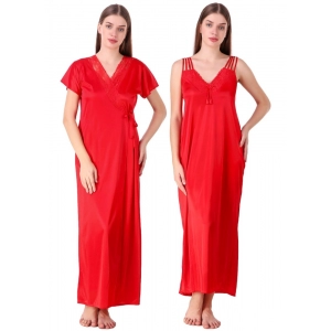 Women's Satin 2 PCs Set of Nighty And Wrap Gown with Half Sleeve(Color: Red, Neck Type: V Neck)