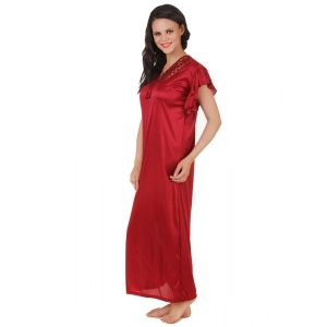 Women's Satin Long Nighty Frill Sleeve(Color: Maroon, Neck Type: V Neck)