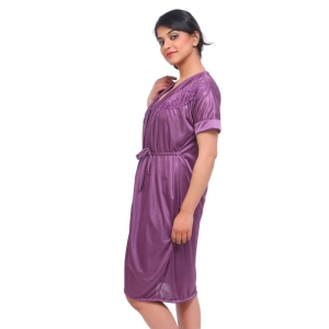 Women's Satin 2 PCs Set Of Nighty And Wrap Gown with Half Sleeve Nightdress(Color: Purple, Neck Type: V Neck)